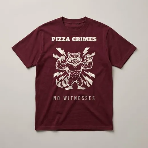 Pizza Crimes &ndash; Deep Maroon heavyweight cotton t-shirt, flat lay
