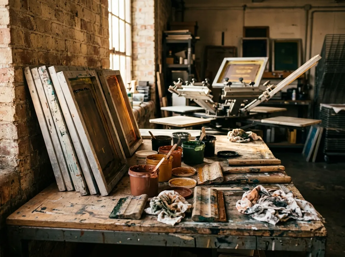 Screen printing frames, squeegees and ink tubs on a workshop bench