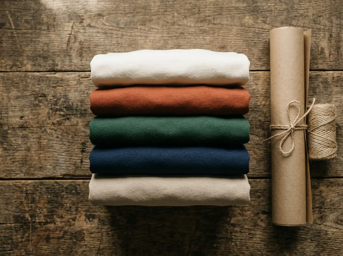 Folded heavyweight tees in cream, rust, forest, navy and sand on a wooden table